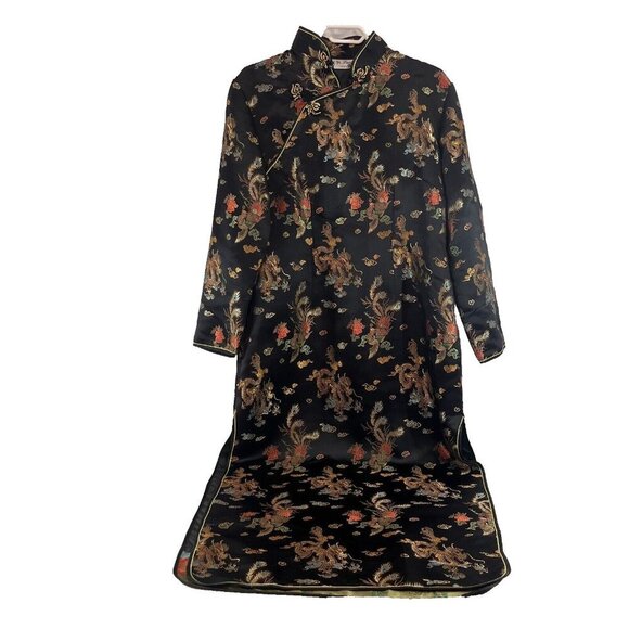 Yi Fang Asian Cheongsam Dress Women Black Embroidered Dragon Peacock Side Slit - Picture 1 of 14